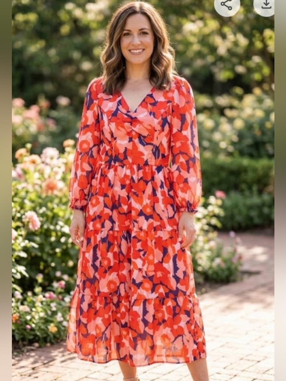 Sincerely Jules Coral & Navy Floral Tiered Midi Dress, Size Small
